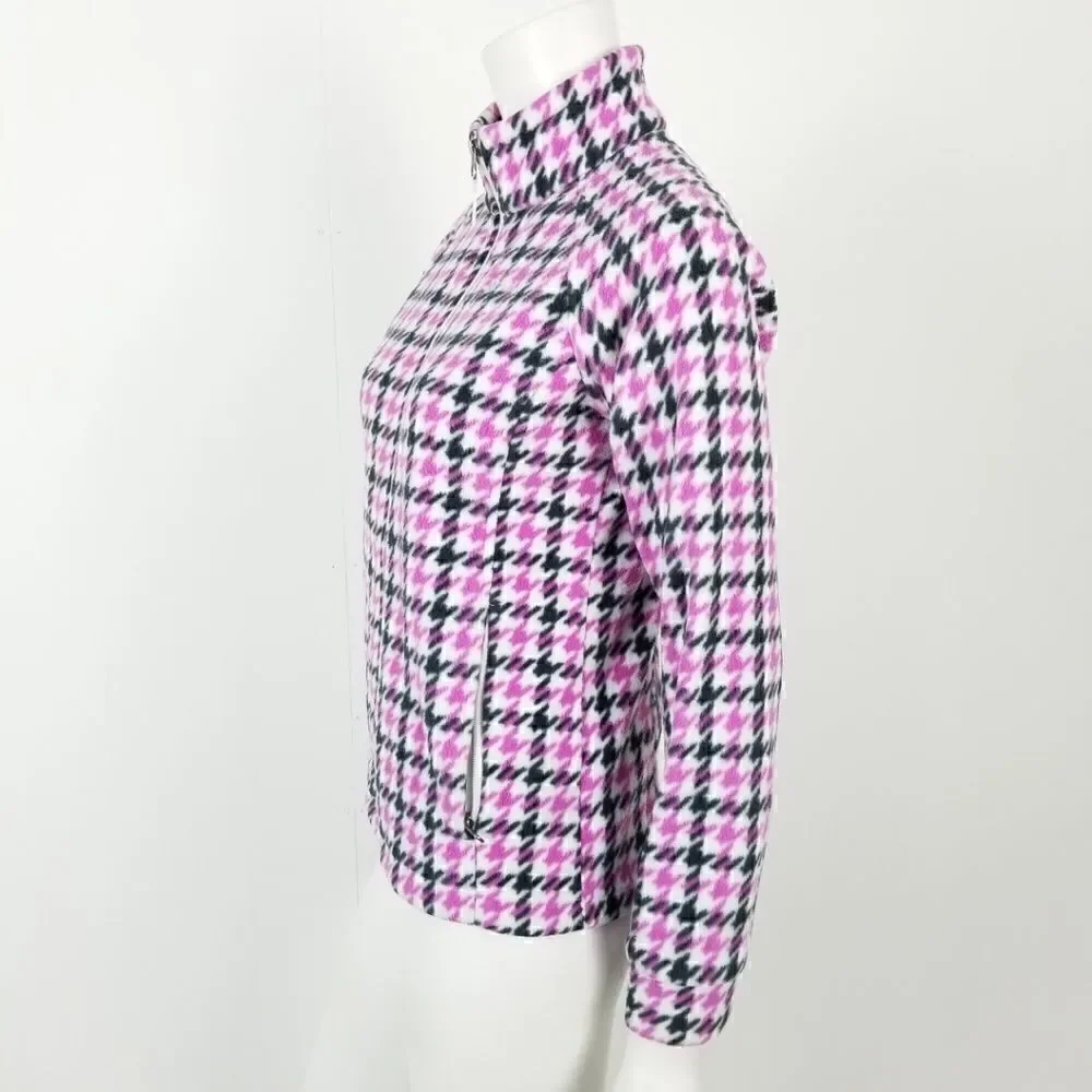 Columbia Girl's Size Large Pink & Black Houndstooth Zip Up Fleece Jacket
